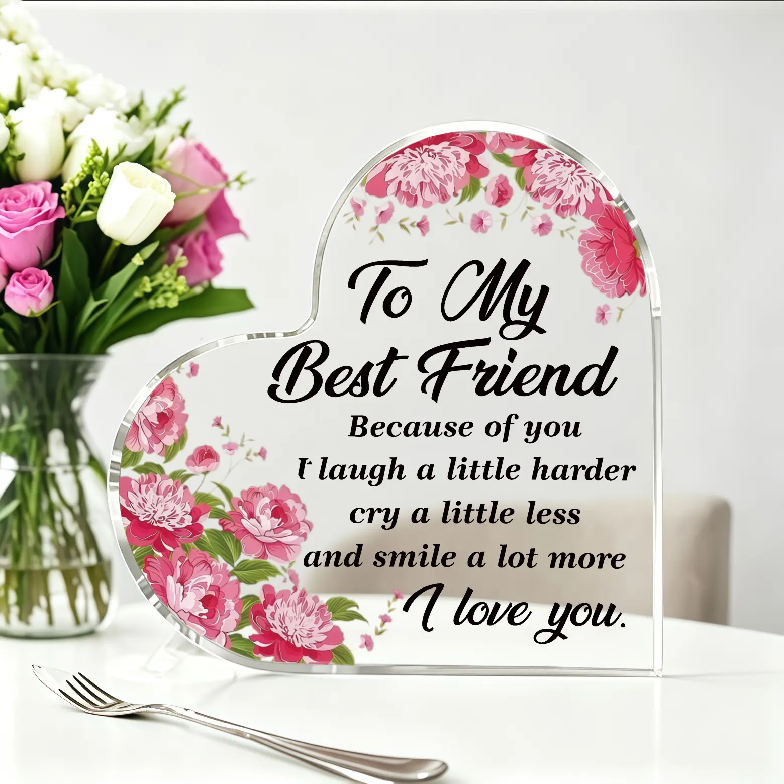 Heart-Shaped Acrylic Desk Plaque with Pink Peony Floral Print, Sentimental Keepsake for Best Friend, Birthday-Christmas Decoration Gift for Long-Distance Bestie Tabletop Ornament
