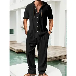 Men's Cotton Linen Hooded 2 Piece Outfit Casual Beach Vacation Style Loose Breathable Hoodie & Wide Leg Pants Set For Spring Summer