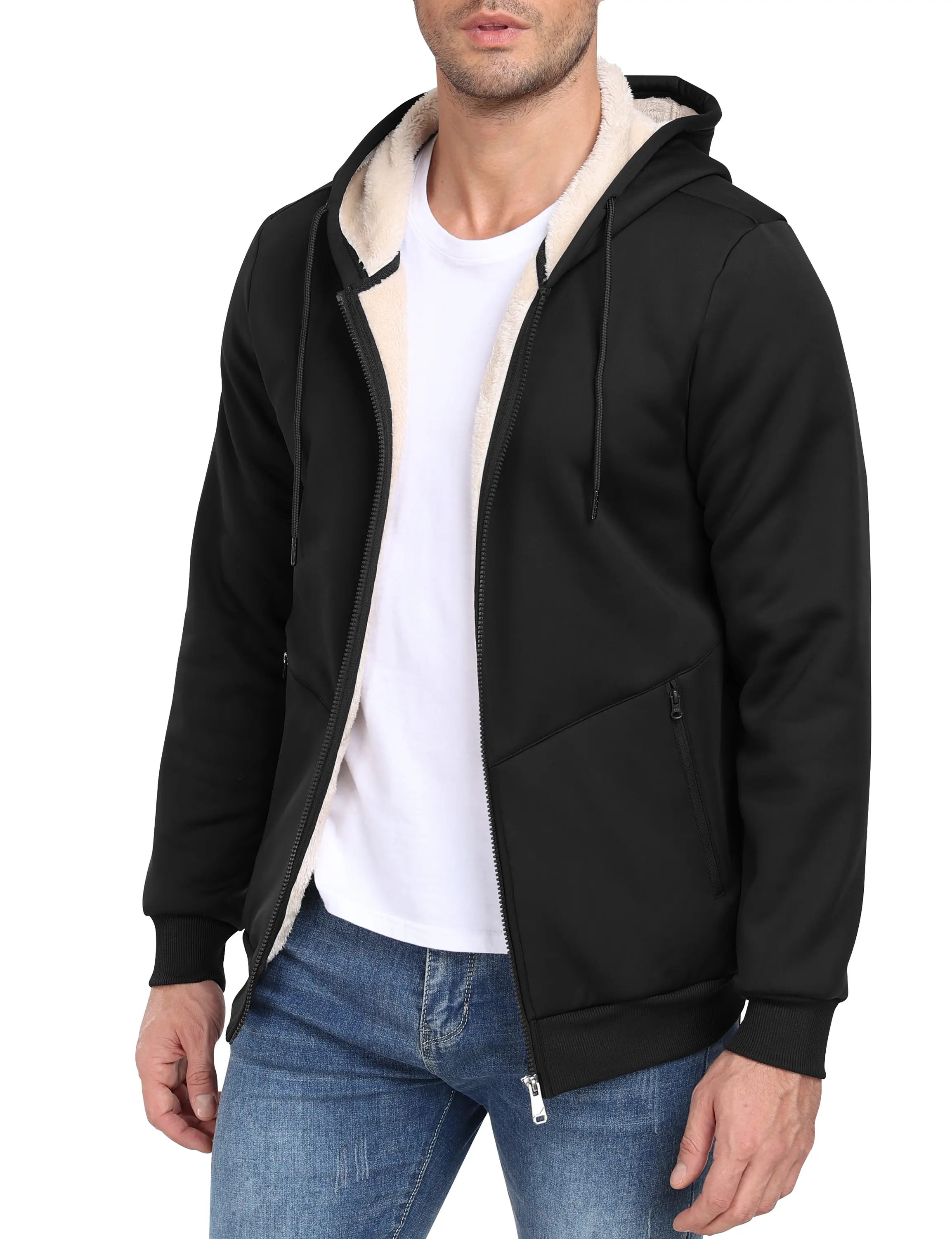MoFiz Men's Heavyweight Fabric Plain Long-Sleeve Sherpa-Lined Full-Zip Hoodie, Menswear Sweatshirt Top