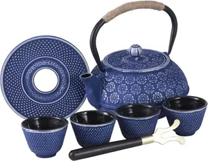 Blue Floral Cast Iron Teapot Set Japanese Style Tea Kettle with 4 Cups, Stainless Steel Infuser for Stove Top Tea Brewing 28 oz