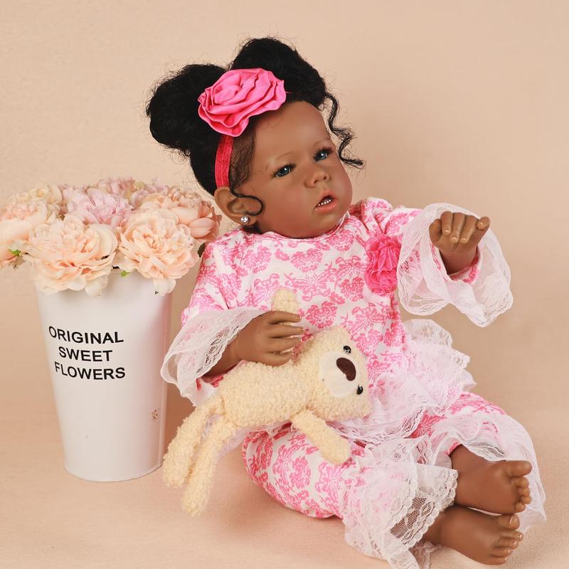 Reborn Baby Dolls Black Girl, African American 20 Inch Realistic Newborn Baby Dolls with Lifelike Soft Body Silicone Limbs Birthday Gift Set for Ages 3+