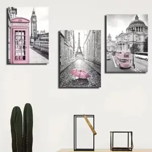 3pcs Frameless Modern Art Canvas Poster, Eiffel Tower Girl Bedroom Decor, Light Paris Theme Wall Art, Living Room Corridor Decoration