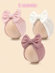 3 Piece Newborn Hat Set, Bowknot Decor Baby Knit Cap, Warm Infant Hat, Child Headwear, Casual Fitted Plain Pattern