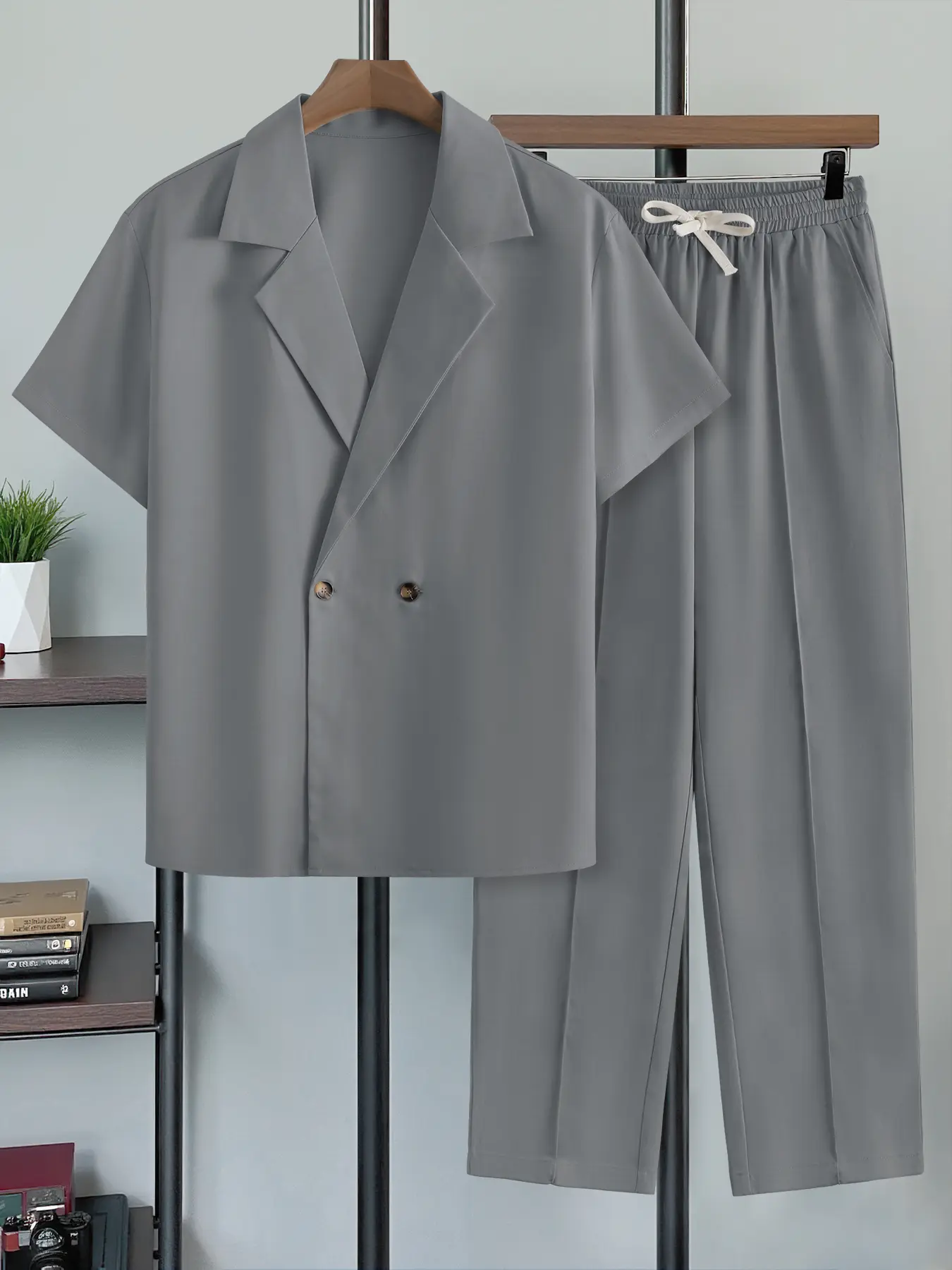 Men's Light Classic Business Formal Two-Button Plain Fitted Suit Set, Short Sleeve Jacket & Casual Pants Two-Piece, Light Thin Natural Commuter Wear, Spring Summer Fall Office Clothes