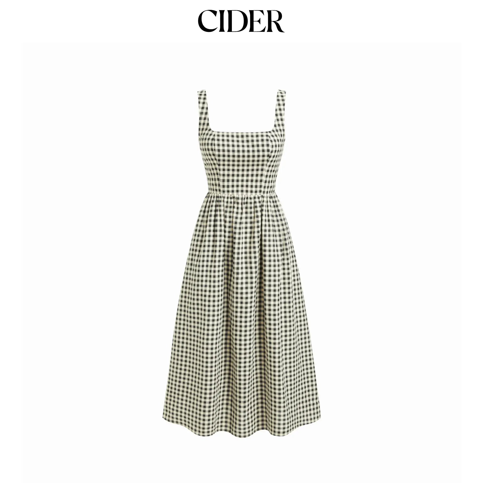 Cider Women's Retro Gingham Square Neck Maxi Dress with A-line Silhouette in a Woven Cotton-blend Fabric, Plaid