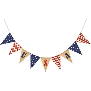 Triangle Flag Burlap Banner 4th of July  Stars and Chevron Triangle Pennant Garland Patriotic Fourth of July Independence Day Decoration Garden Mantel Fireplace Bunting Sign