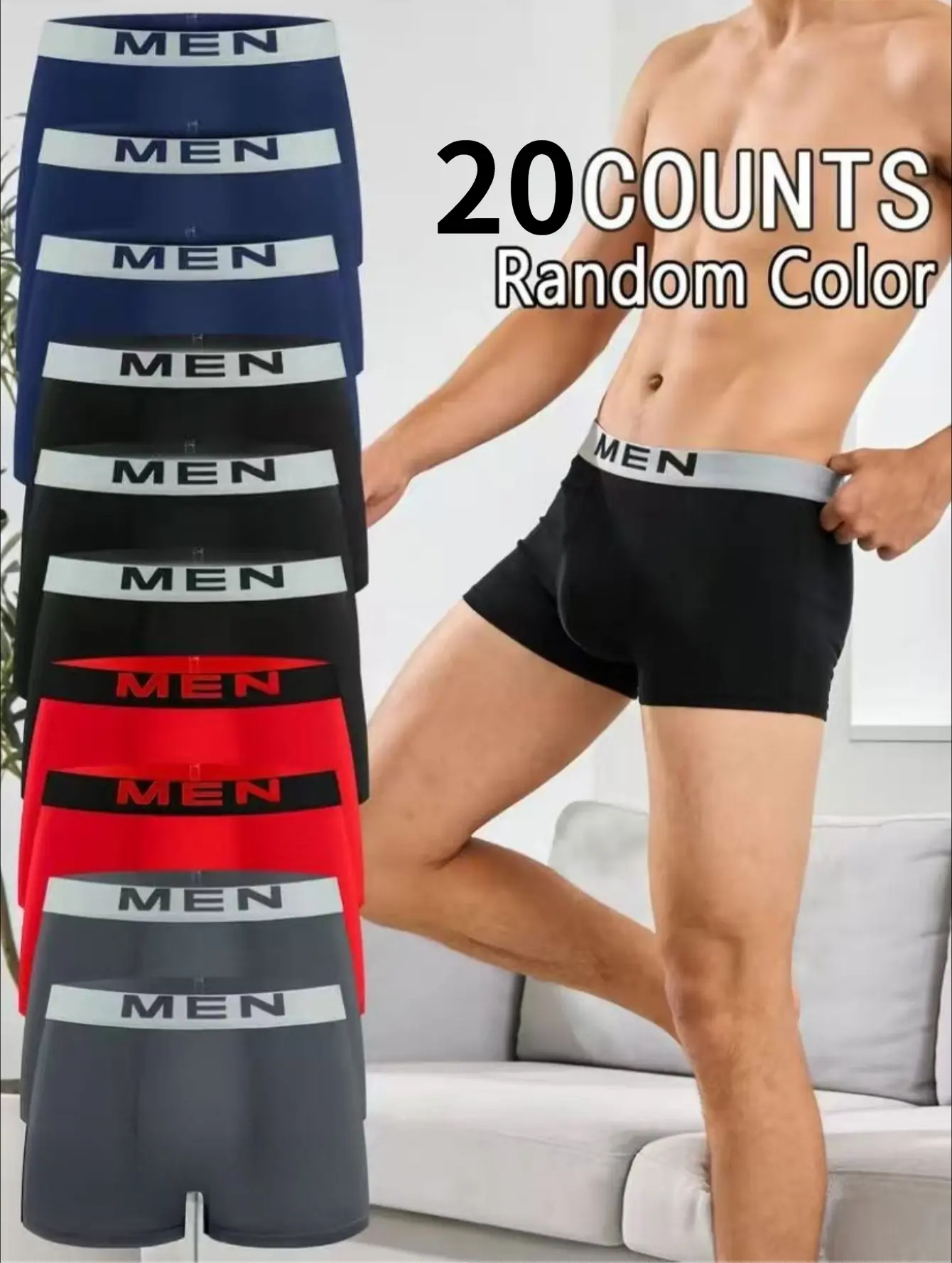 Men's 20 Pack Athletic Boxer Briefs, Plain Multicolor Breathable Menswear Sport Underwear with Elastic Waistband, Activewear, Basics, Mid Waist, Waistband Men's Boxer Briefs, Solid Men's Boxer Briefs
