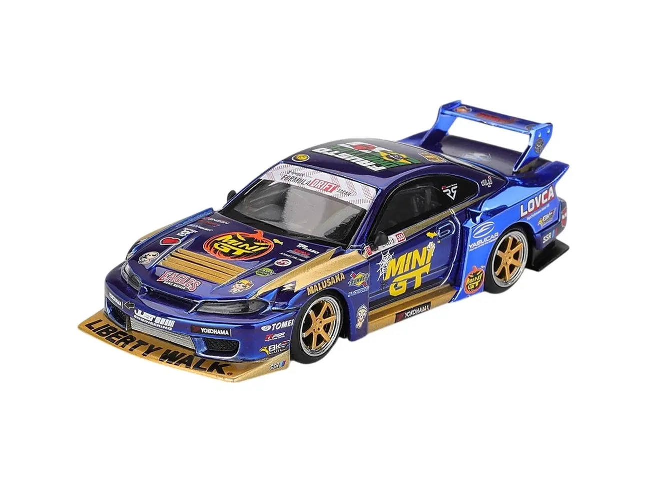 Mini GT 1:64 Nissan LB-Super Silhouette S15 SILVIA #555 Team MINI GT Liberty Walk 2025 Formula Drift Halloween Special – Chrome Blue Diecast Model MGT01185-4K