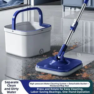 CLAELOM Spin Mop and Bucket with Detachable Inner Bucket，and 3 Microfiber Mop Replacement Heads for Home Office Cleaning，51" Stainless Steel Adjustable Handle，Rotatable 360°  Foldable Square Mop Head，Clean and Dirty Separation， Floor Cleaning Tools