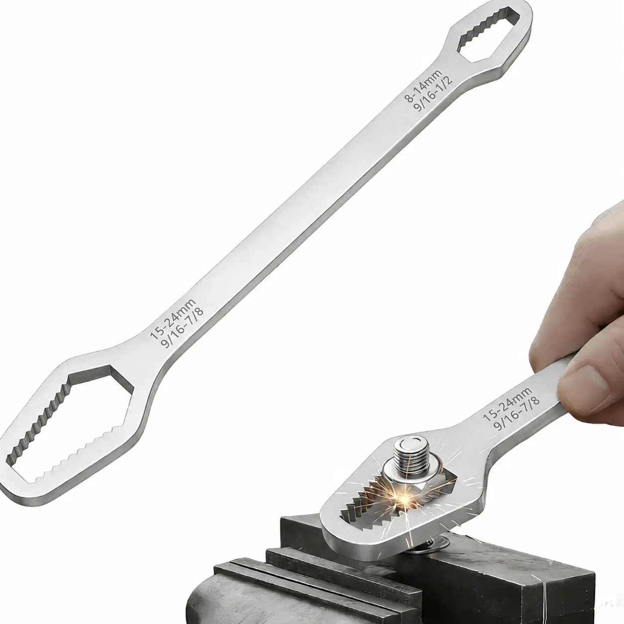 2-in-1 Self-Adjusting Socket Wrench 8-24mm, Universal Grip Box Spanner Tool for Rusted Nuts & Bolts, Automotive Repair, Car Maintenance, Heavy Duty Mechanic Tool for Garage & Workshop