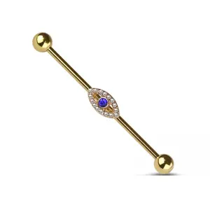 Blue CZ Crystal Evil Eye Industrial Barbell - 316L Stainless Steel