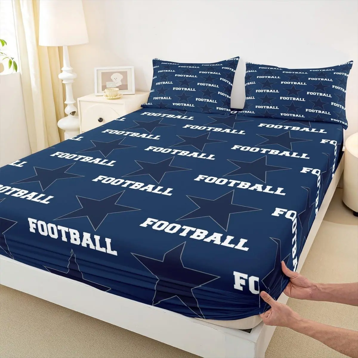 Feelyou Texas Star Football Fitted Sheet - Football Pattern Bedding, Sports Theme, Deep Pockets, Vibrant Dark Blue Smooth Fabric, Cooling Print, Machine Washable, Cowboy Rugby Room Decor