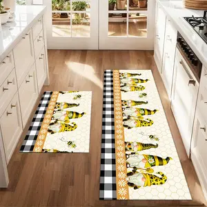 2Pcs Summer Yellow Dwarf Bee Floor Mat Set Geometric Grid Art Sketched Printed Carpet Farmhouse Anti Fatigue Kitchen Carpet Anti Slip Washable Kitchen Dining Floor Sink Laundry Room Decoration Carpet Mat
