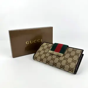 Pre-owned GUCCI Leather & Canvas Long Wallet Web Stripe Billfold Wallet,Sku:SH014