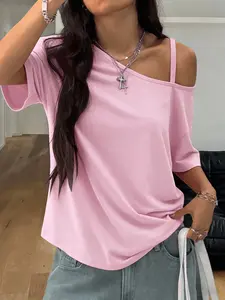 2 Pack 1 Pack Womens Cold Shoulder Tops Asymmetrical Neck T Shirts Casual Loose Fit Y2K Streetwear Fashion 2026 Trendy Going Out Tops for Women Summer Fall Basic Tees for Vacation Daily Wear Multiple Colors Available