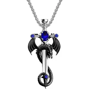 Gothic Sword Dragon Necklace Vintage Dragon Wrapped Sword Cross Pendant Necklace Punk Zircon Dragon Pendant Necklace Halloween Dark Gothic Jewelry for Men Women