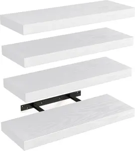 15.8in Floating Shelves, Rustic Wood Finish Wall Shelves Set of 4, Shelves for Wall Decor, with Invisible Brackets for Bathroom, Living Room,Bedroom and Kitchen(White)