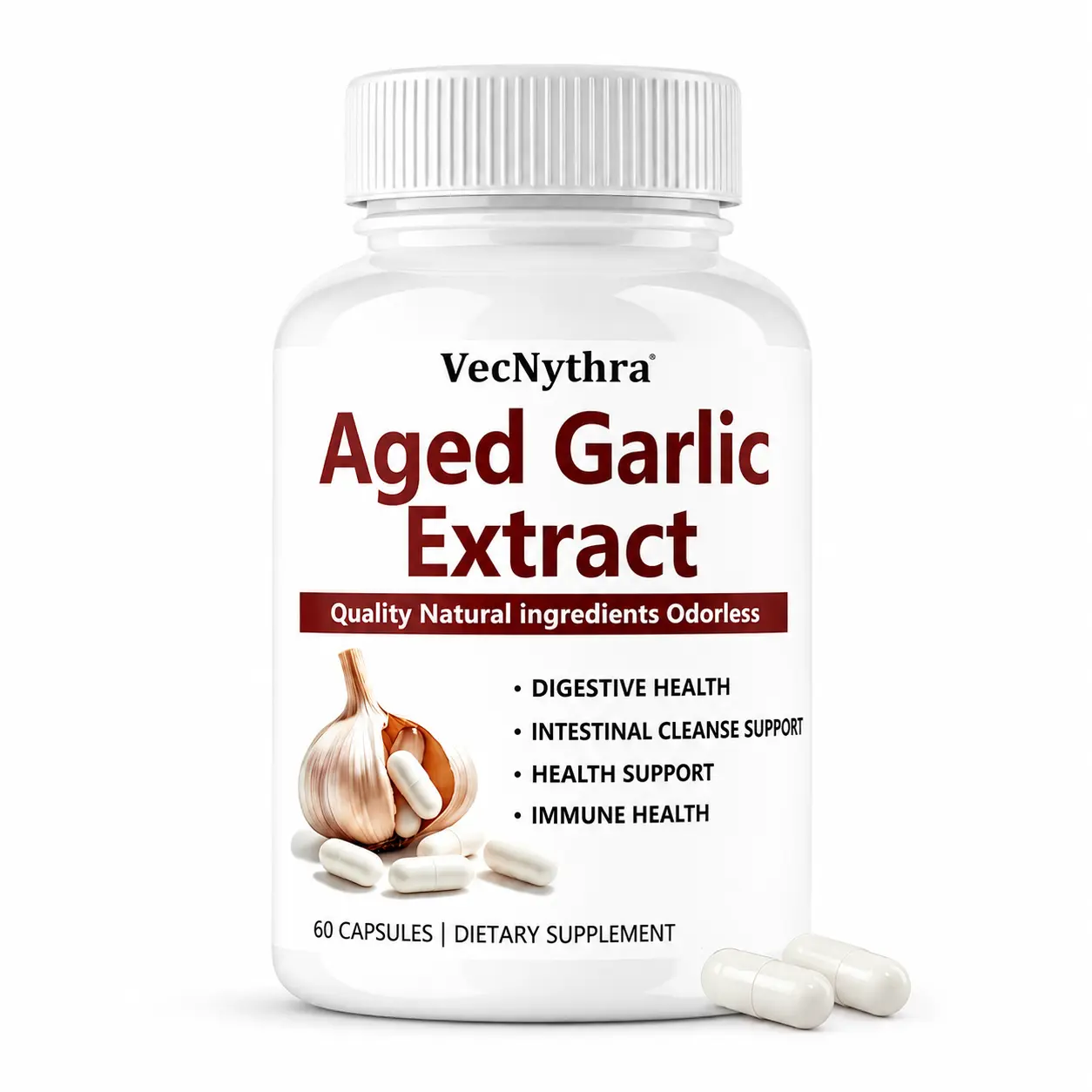 VecNythra Aged Garlic Extract Capsules, Daily Intestinal Support, 7-in-1 Botanical Garlic Supplement, 60 Capsules