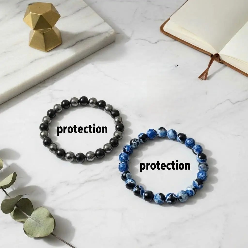 Natural Stone Design Fashion Bracelets 2-Piece Set - Black Tourmaline, Hematite, Blue Fire Agate Healing Stones Jewelry with Double Protection, Thoughtful Gift for Men & Women, Hematite Gemstone, Two Piece Set