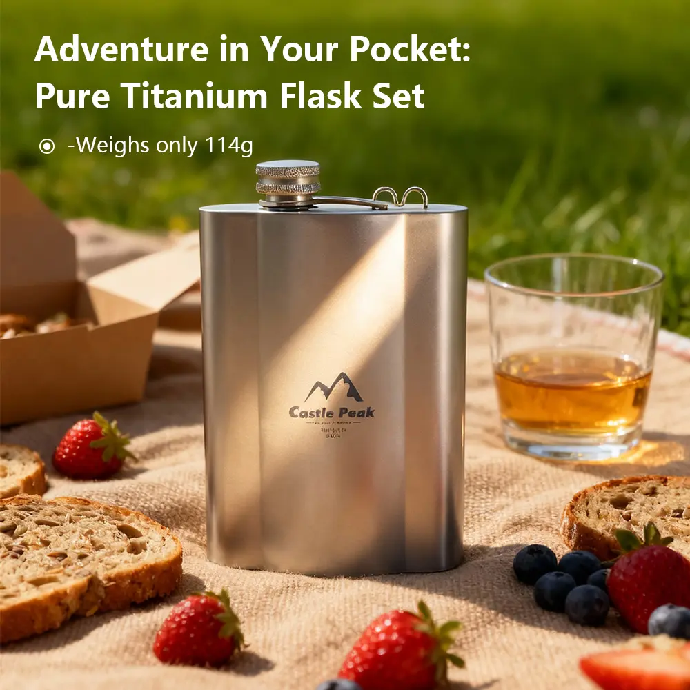 Castle Peak 250ml Titanium Liquor Flask - Ultra-Light, Wearproof & Compact for Backpacking and Camping, Easy Carry with Funnel