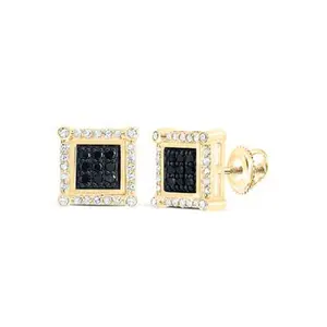 10k Yellow Gold Round Black Diamond Square Earrings