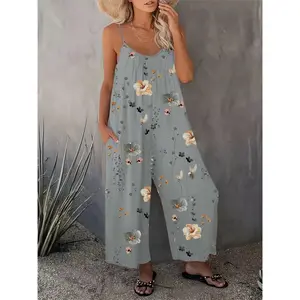 Women’s printed pocket spaghetti-strap vest jumpsuit; loose, bohemian, sleeveless wide-leg jumpsuit; suitable for beach vacations; all-season women’s clothing; women’s clothing; casual fashion jumpsuit; bohemian workwear; fashionable jumpsuit — GARMENTARY