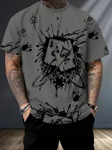 Men's Digital Print T-Shirt with Poker Design, Casual Round Neck Long Sleeve Top, Summer Knitwear for Urban Street Style