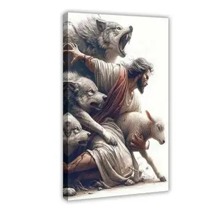 NBHYK Mireita Jesus-Wall Art Jesus Protect A Lamb From Wolves Poster For Church Room Decor Christian Art Canvas Print Picture For Home Living Bedroom Office Decor Eco-Friendly Fade-Resistant Waterproof UV-Protected - Prophet