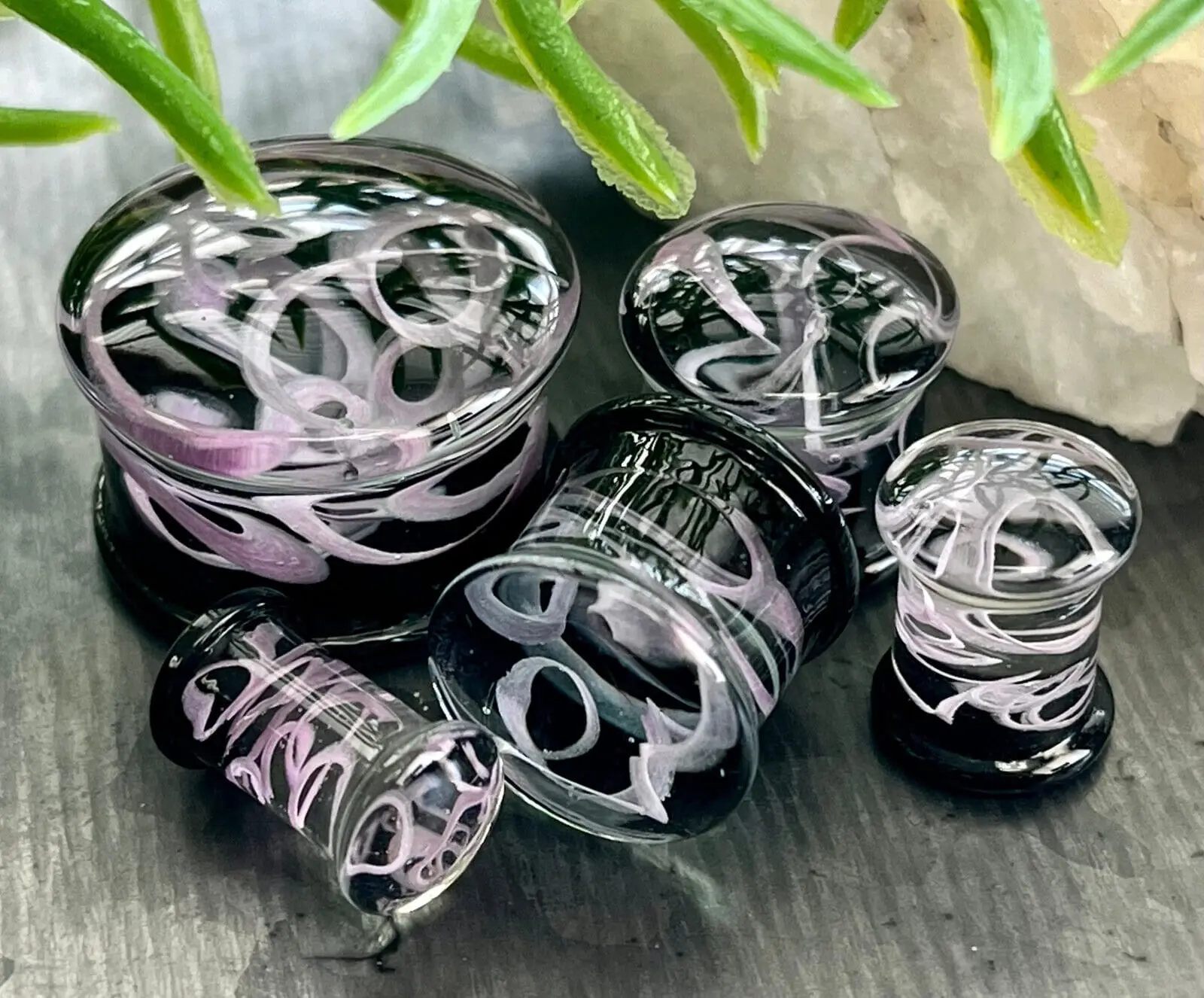 PAIR of Purple Swirling Smoke Style Pyrex Glass Double Flare Plugs - Gauges 2g (6mm) through 1" (25mm)
