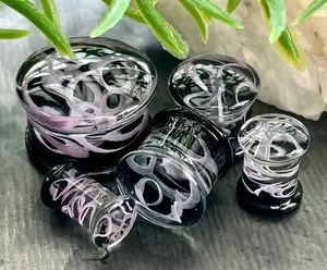 PAIR of Purple Swirling Smoke Style Pyrex Glass Double Flare Plugs - Gauges 2g (6mm) through 1" (25mm)