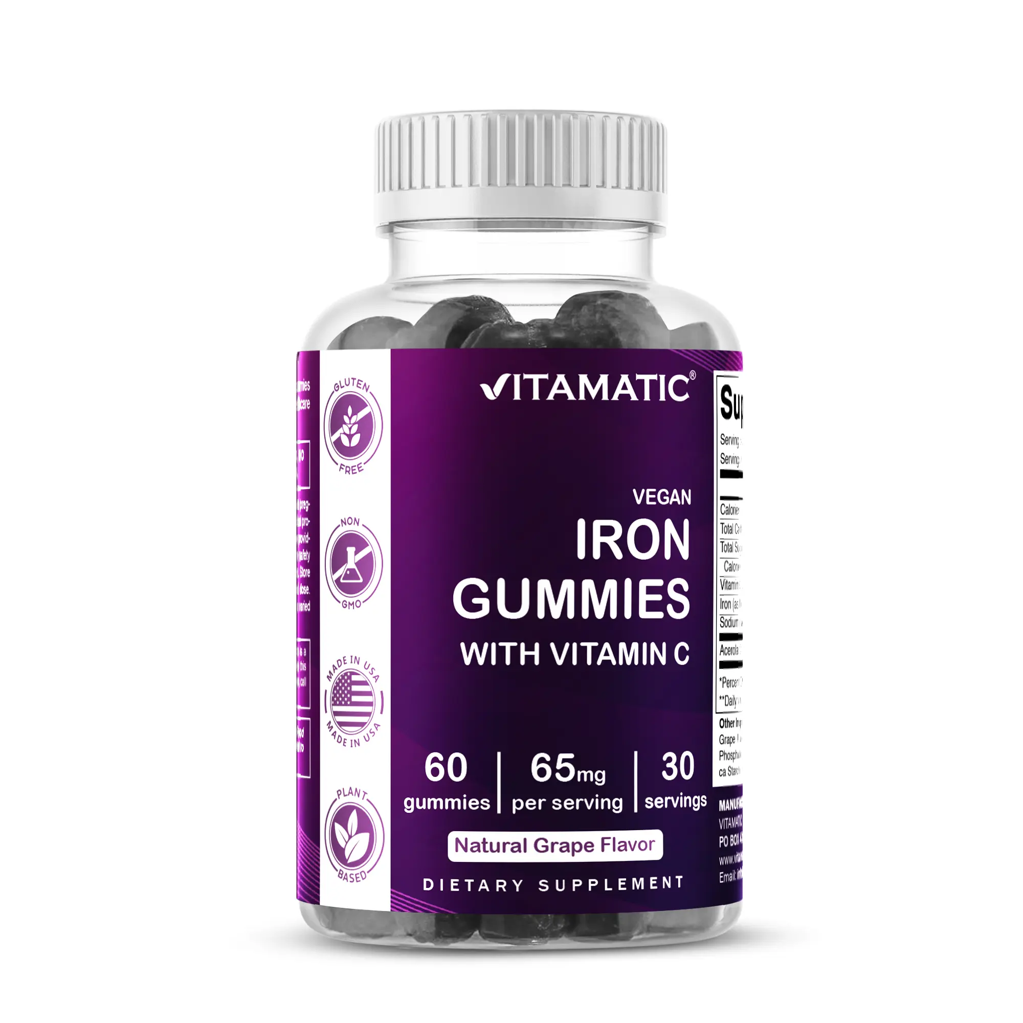 Vitamatic 65 mg Iron Chewable Vegan Gummies - 60 Supplements, Natural Grape Flavor, Vitamin C, Minerals for Women's Anemia Support & Energy