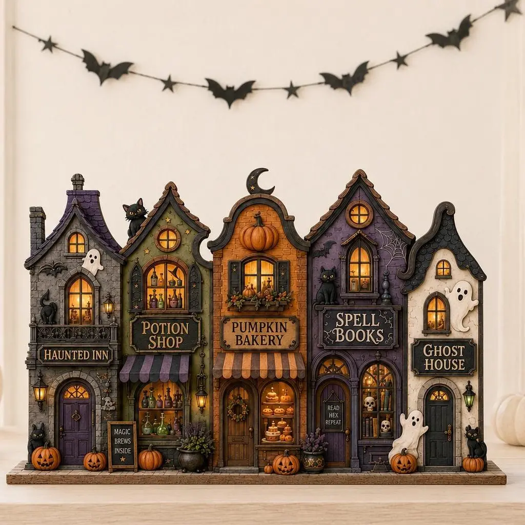 Halloween Village Wooden Decor, Halloween Decorations 2026, Spooky Bookshop & Haunted House Tabletop Display, Fall Decor 2026, Nostalgic Halloween Decor