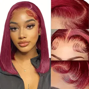 Wholesale 2025 NEW BELIANA Burgundy Bob Wig - 13x4 Lace Front, Straight Human Hair, Pre-Plucked, High Density, Transparent Lace, Vibrant Color, Short Style for Women, Lace Front Wig