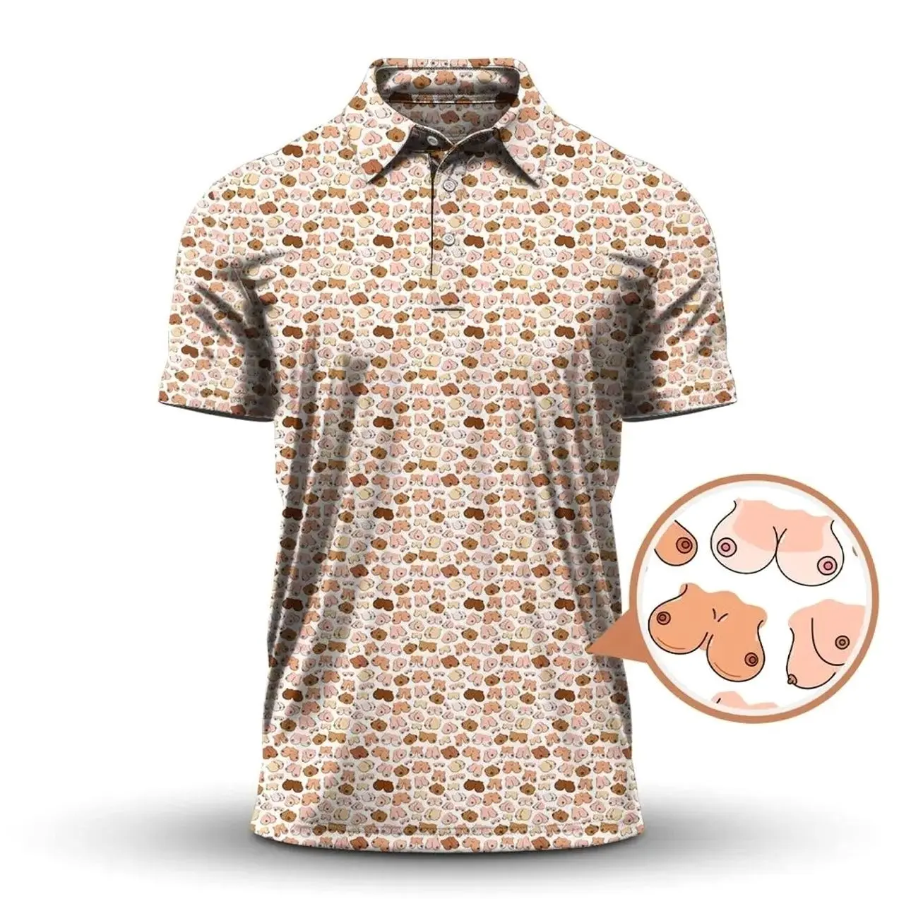 Funny Boob Print Polo Shirt for Men – Novelty All-Over Breast Pattern Golf Polo, Lightweight Breathable Short Sleeve Button Collar Top for Casual Party Wear