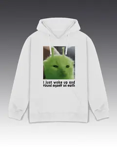 DIYANYONE Original Meme Hoodie Alien Cat Earth Wake-Up Green Fleece Pullover Menswear Casual Cartoon Long Sleeve Fitted Medium Length Existential Humor Sci-Fi Vibe