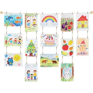 Art Display for Kids Artwork, 59" L Hanging Rope Boho Wall Decor with 34 Clips, Kids Art Collage Pictures Holder, Wall Hanging Decoration for Room Bedroom Playroom Classroom