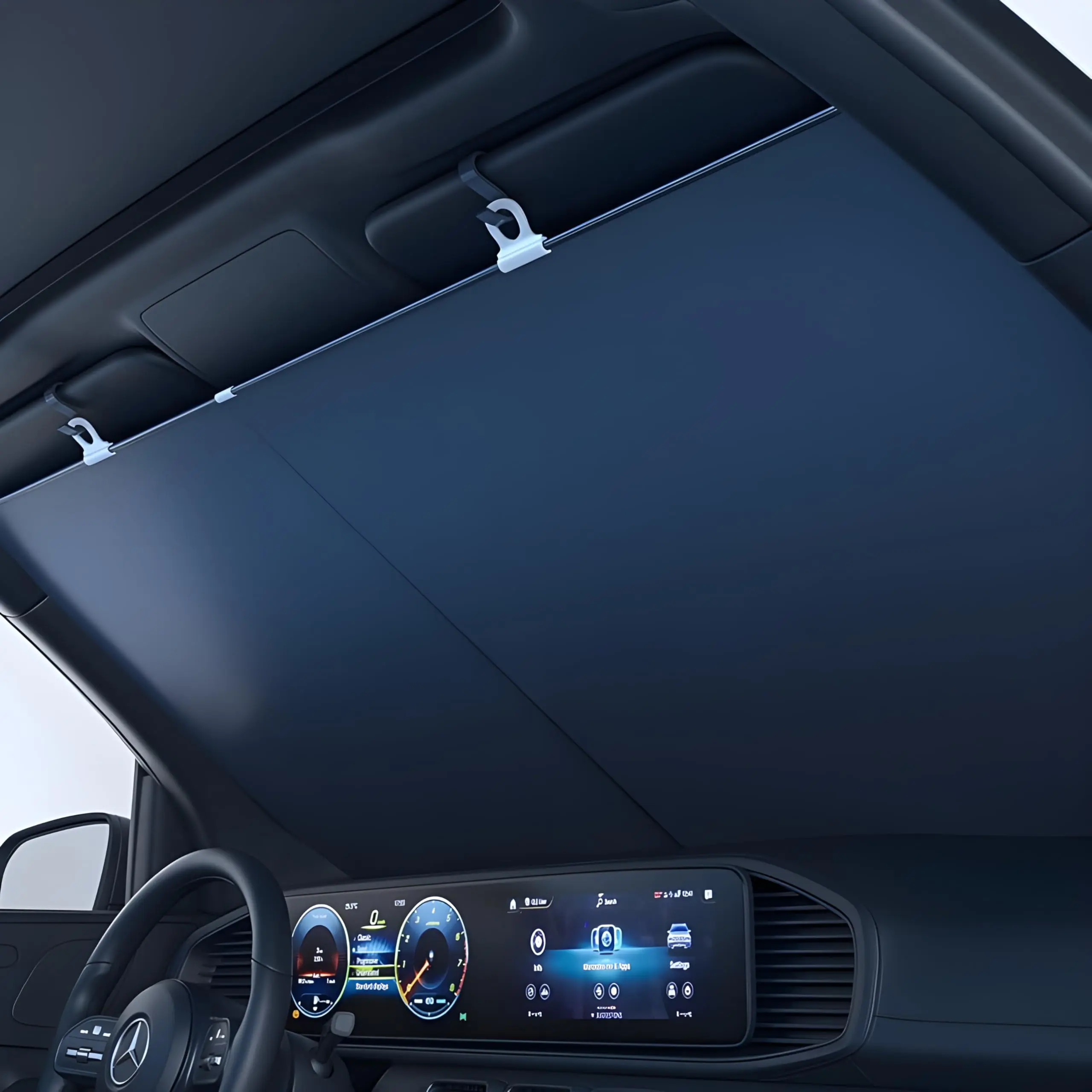 Automatic Retractable Car Sunshade – Adjustable Windshield UV Blocker with Suction Cups, 29.1–59.1 in Width, Heat Reflective