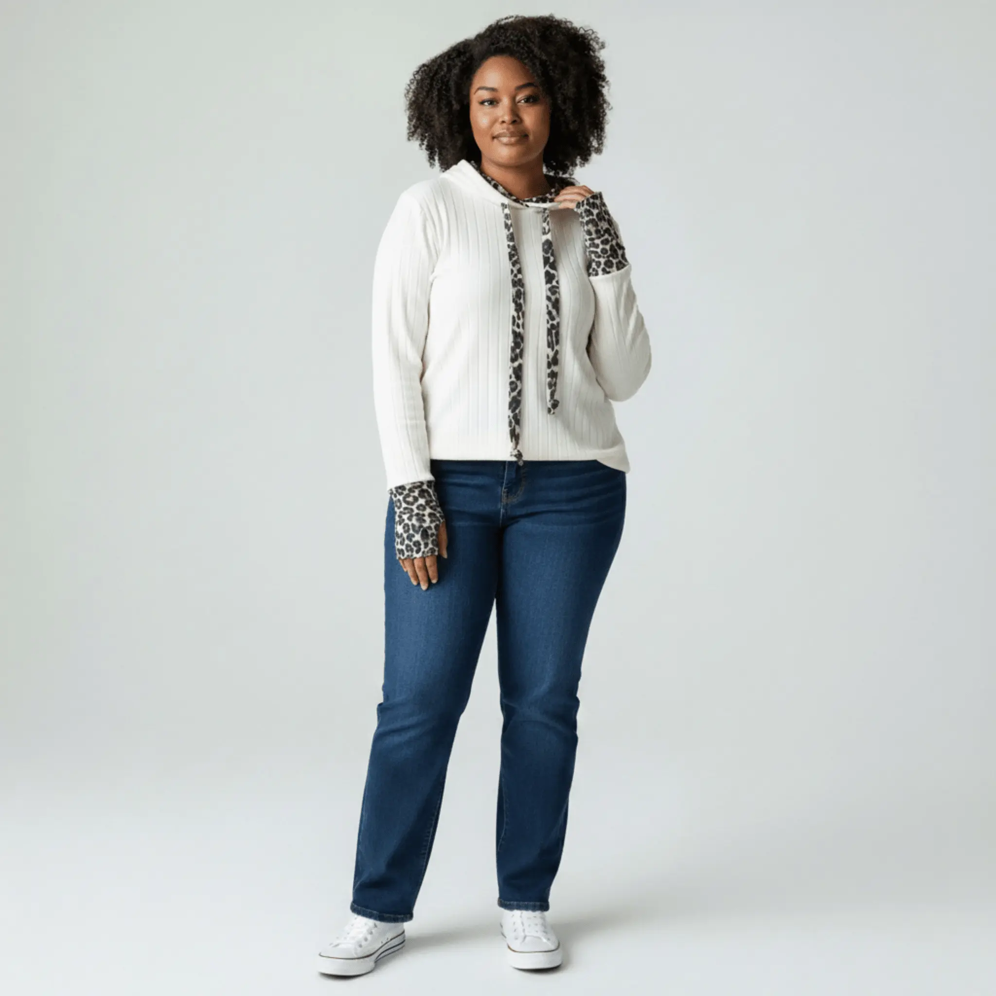 Cute Ribbed Hoodie with Leopard Detail