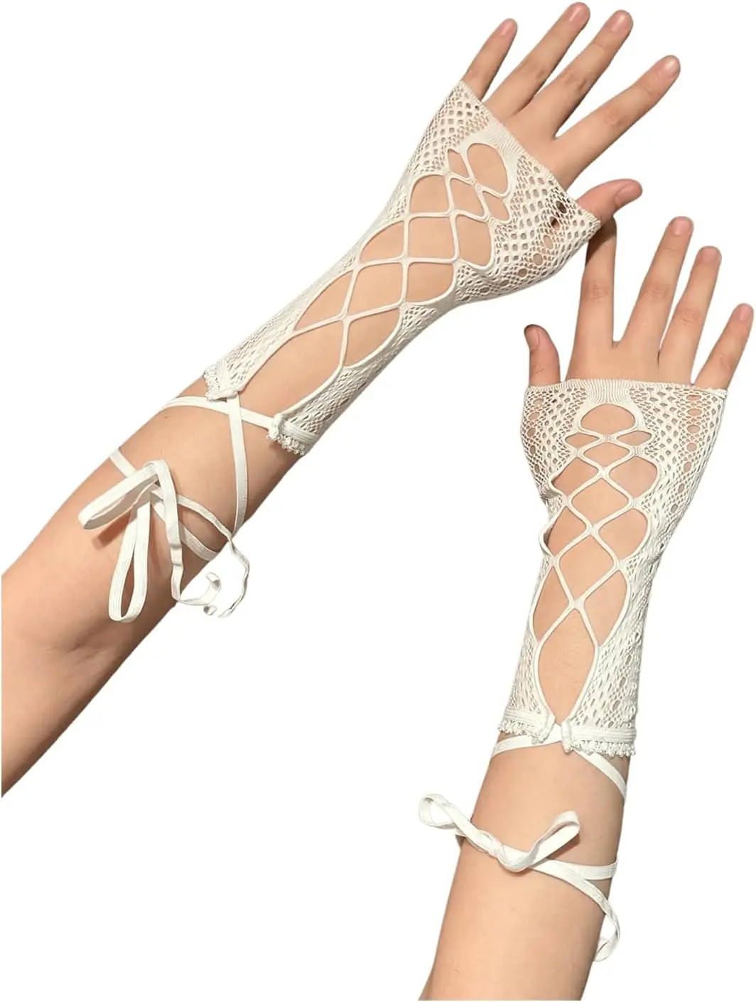 Women's Lace Up Fishnet Arm Sleeves Fingerless Gloves Gothic Y2k Gloves