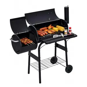 Charcoal Grill with Offset Smoker, Barrel BBQ Smoker Combo with Wheels for Patio & Camping