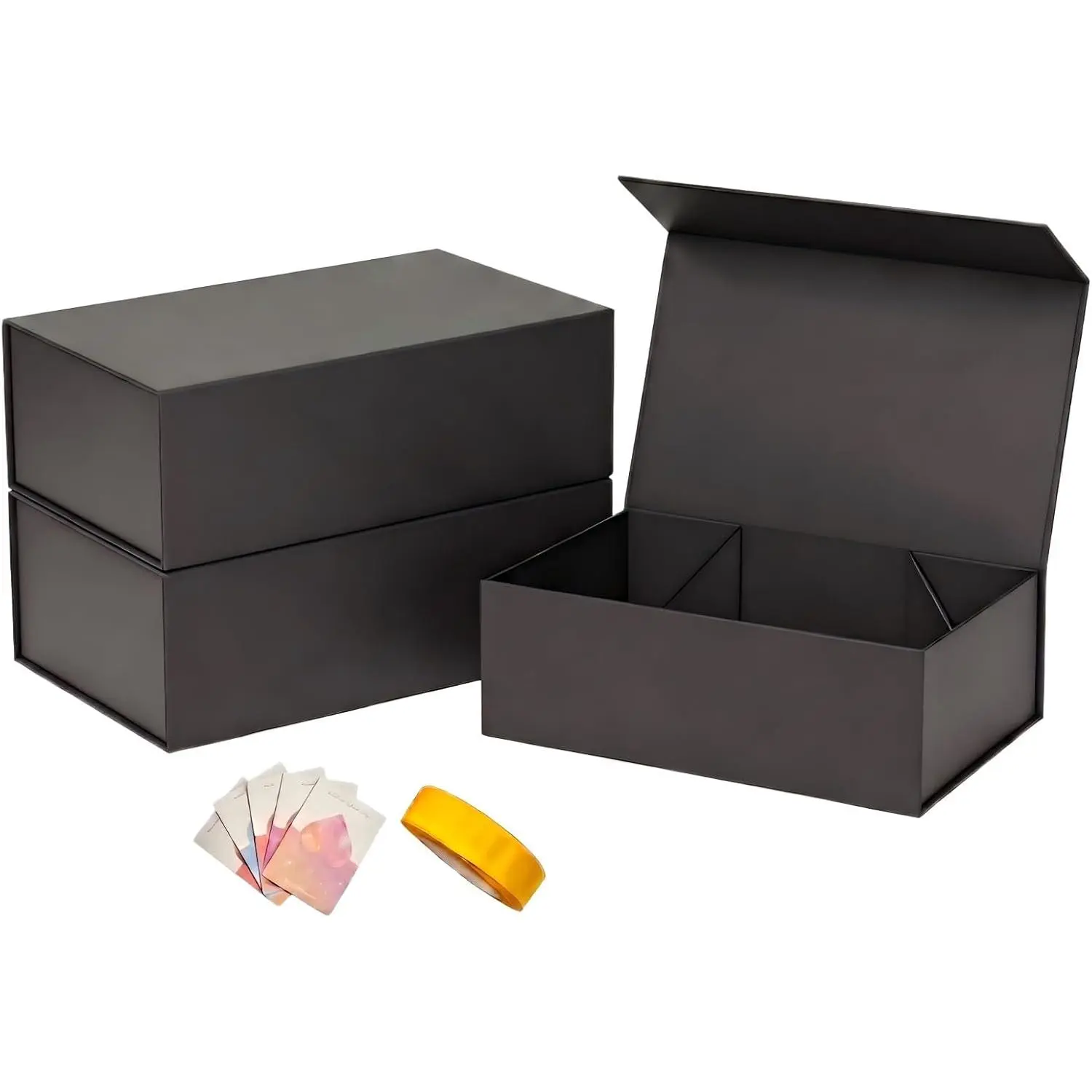 QDHATYME 3Pack Black Gift Boxes with Magnetic Closure Gift Box, 11.81x8.46x3.35 Inches Collapsible Luxury Gift Packaging Box with Gift Card & Champagne Ribbon, Reusable Present Box for Birthday, Wedding, Christmas, Mother's Day, Father's Day, Graduation,