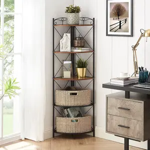 VECELO Corner Storage Cabinet with Wooden Shelves Free-Standing Organizer Self Mounting Shelf Metal Racks,Brown