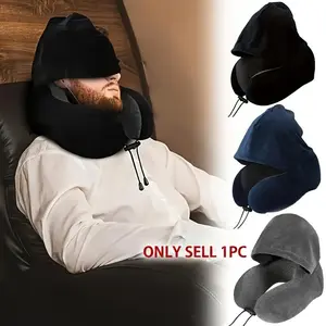 Outdoor travel car pillow, 1pc memory foam hooded U-shaped pillow, removable and washable, hooded neck pillow, available in multiple colors, Travel Neck Cushion