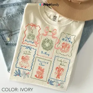 Comfort Colors Christmas Postage Stamp TShirt, Coquette Christmas Bow T-Shirt, Holiday Graphic Tee, Wreath Candle Candy Cane Top, Festive Gift - Printfamily