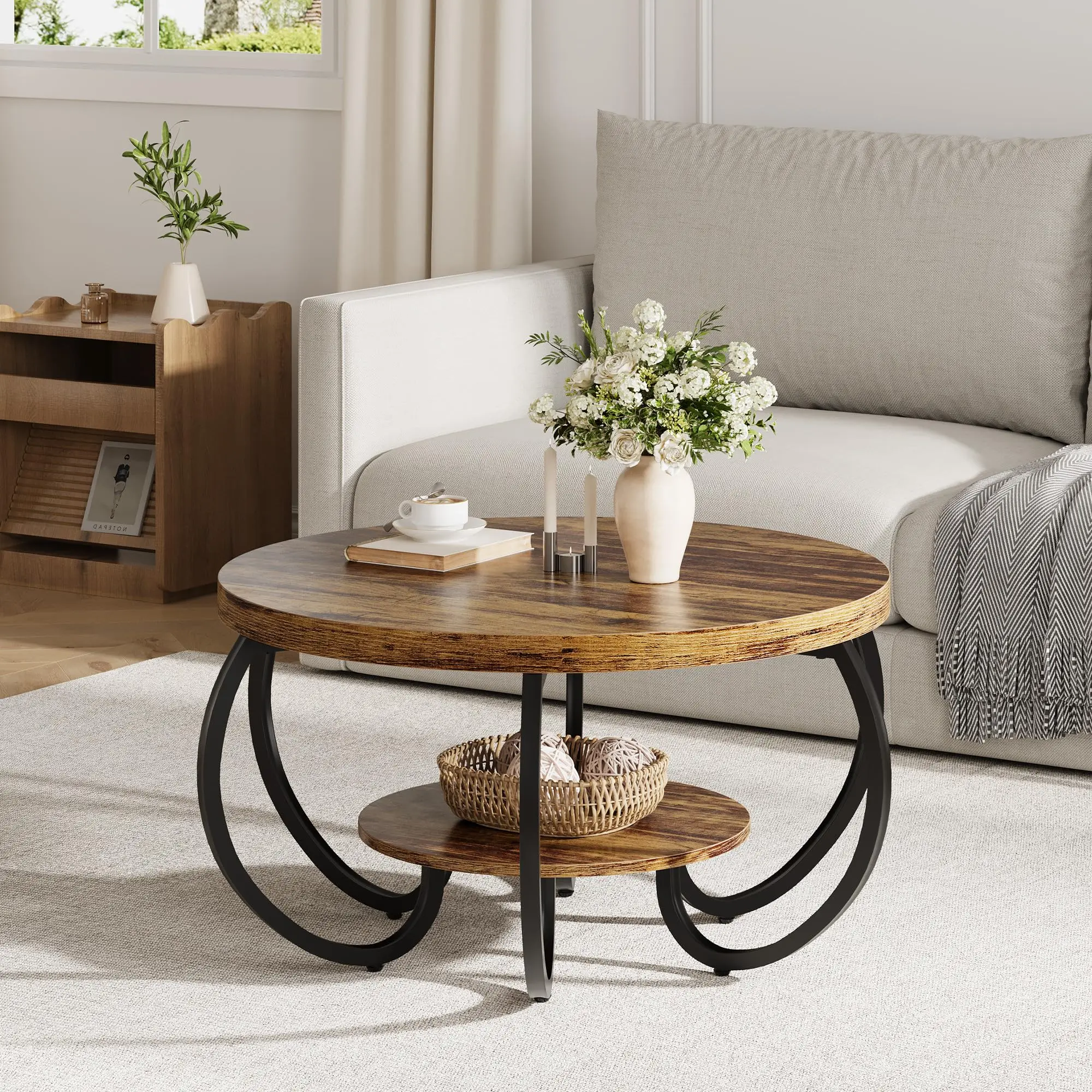 Garvee Round Coffee Table, 2 Tier Coffee Table for Living Room, Circle Wood Accent Center Tables with Open Storage Industrial Design