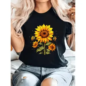 Mens And Womens Vintage Sunflower Graphic T Shirt Black With Vibrant Orange Yellow Sunflower Print Soft Breathable Crew Neck Short Sleeve Tee Relaxed Fit Casual Summer Spring Top