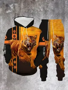 Men's Vintage Animal Print Hoodie Set, Tiger Pattern Long Sleeve Fitted Top & Bottom, Fall Winter Sporty Style Activewear, 2 Piece, Athletic Activewear Tracksuit