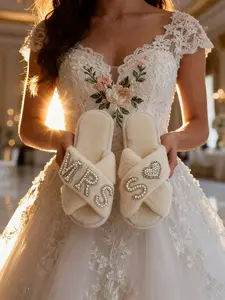 MRS. S Women's Open Toe Fuzzy Slippers, MRS Pearl Rhinestone Slippers for Bride X-Strap Plush Slippers with Pearl Rhinestone Heart Design, Customizable Letter S, Perfect Gift for Bridesmaids and Women