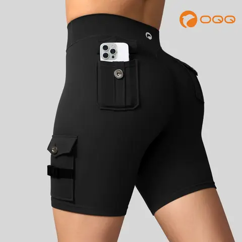 OQQ Women's High Waist Active Cargo Shorts - Stretchy Fitted Fabric, Phone-Ready Utility Pockets, Above-the-Knee Biker Shorts for Gym Workouts