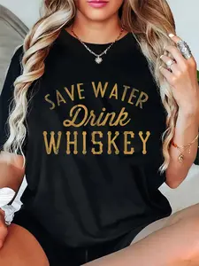 Vintage Funny Graphic T-Shirt with "Save Water Drink Whiskey" Slogan, Unisex 100% Cotton Casual Short Sleeve Round Neck Streetwear